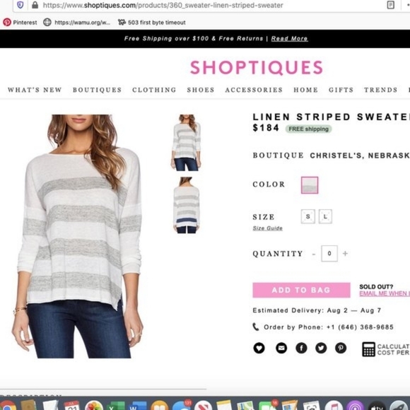 360 Sweater Light Gray and White Striped Crew Neck 100% Linen - Picture 3 of 9